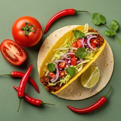 A hard shell taco filled with fresh vegetables and seasoned ground meat, surrounded by spicy chili peppers and lime.
