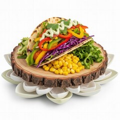 Vibrant and fresh vegetable taco served on a natural wooden board against a clean white background
