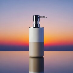A modern two-tone soap dispenser with chrome pump against a vibrant sunset reflection on a clean surface