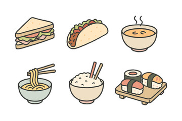 Delicious food icons: sandwich, taco, soup, noodles, rice, sushi in cartoon style