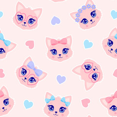 Obraz premium Seamless pattern with cute pink cat faces scattered with hearts on a light pink background.