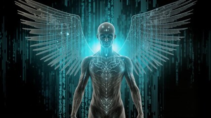 Digital angel figure with glowing wings and neural network visualization. Static lockdown shot with cyan data streams and binary code background. - Powered by Adobe