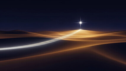 A solitary guiding star rising above silent desert dunes, carving luminous paths across the night sky in the Nativity story of Bethlehem