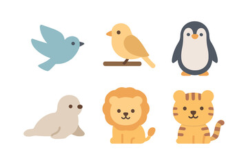 Naklejka premium Cute animal set: flat design icons featuring birds, penguin, seal, lion, and tiger
