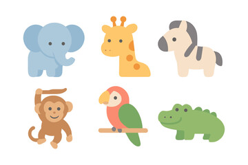 Cute cartoon animals collection: elephant, giraffe, zebra, monkey, parrot, crocodile