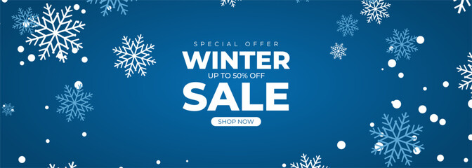 Winter sale commercial promotional wide blue banner with snowflakes. Vector illustration