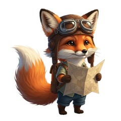 Obraz premium Cute cartoon fox explorer wearing an aviator helmet and goggles, holding a map