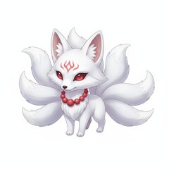 Obraz premium Adorable chibi white mythical fox (Kitsune) with multiple tails, red eyes, and a flame mark