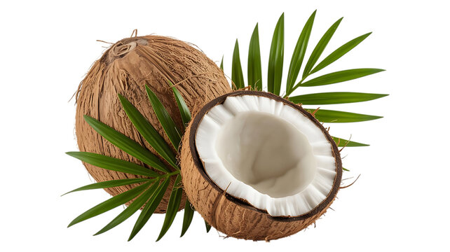 Coconut with palm leaf image isolated on transparent