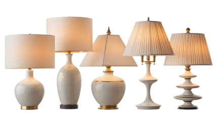 Elegant display of five table lamps on a white background, highlighting their varied shapes, shades, and unique designs for interior decor concepts
