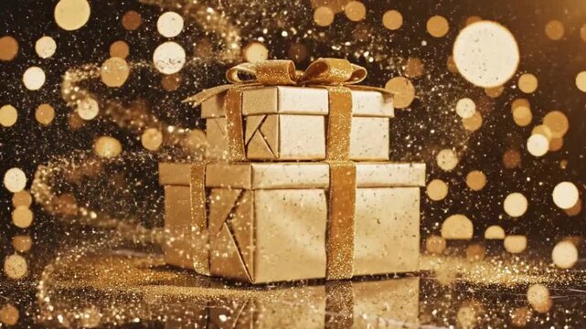 Stack of luxurious golden gift boxes tied with shimmering ribbon surrounded by sparkling festive bokeh lights creating a celebratory atmosphere