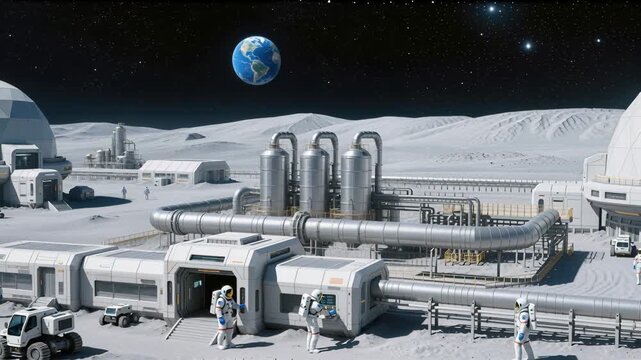 Extraterrestrial outpost with crew performing maintenance tasks across multiple facility zones. Camera movement showcasing dome structure and equipment layout against celestial backdrop.