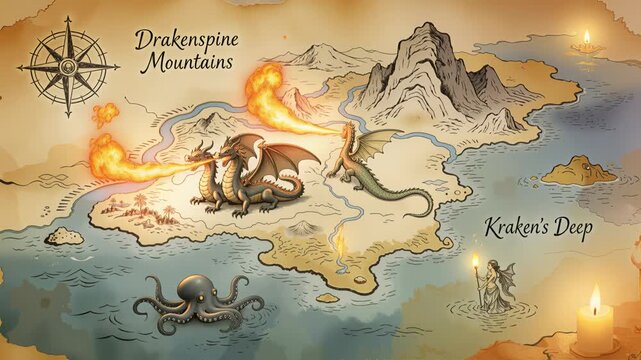 Dragons breathing fire on fantasy map of Drakenspine Mountains. Mythical creatures battle with serpent and octopus in magical realm. Static lockdown shot of illustrated fantasy landscape.