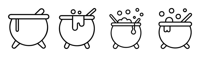 Set of four black outline icons depicting witch cauldrons for magic potion and halloween concept © IsratJahan