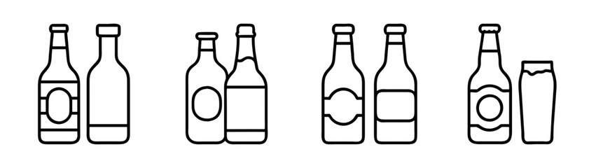 Beer bottle and glass line art icon set, showing different designs and shapes.