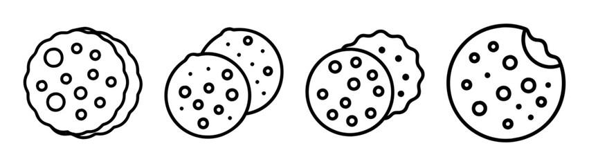 Line art icons representing various round cookies and crackers, including whole and bitten versions