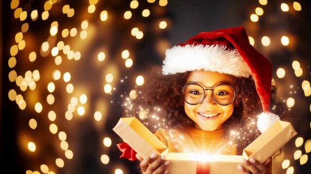 adorable african american girl is opening a chistmas gift box with a magic glowing from inside