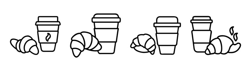 Black and white line art illustration of takeaway coffee cups and fresh croissants