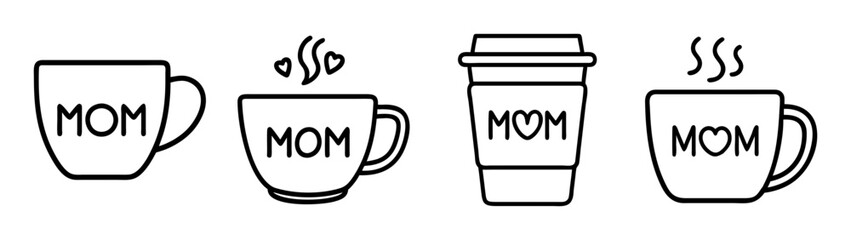 Simple black line art icons collection of mom mugs and coffee cups for mother's day celebration