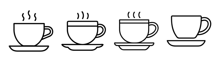 Line art icon set of hot coffee cups showing different levels of steam