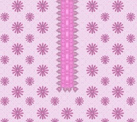 Pink Floral Textile with Central Lace Strip – Ornamental Symmetrical Fabric Design on Light Pink Background