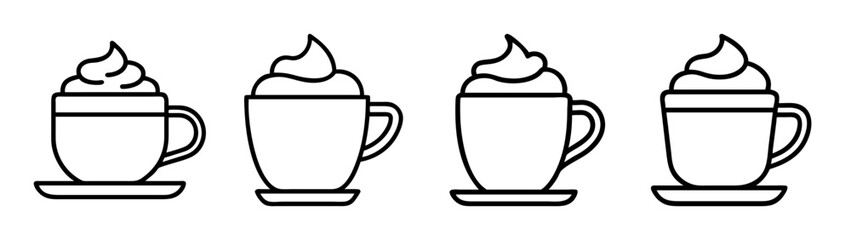 A set of four outline icons illustrating hot coffee cups with whipped cream
