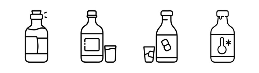 A set of line icons depicting beverage serving methods, temperature, and storage instructions