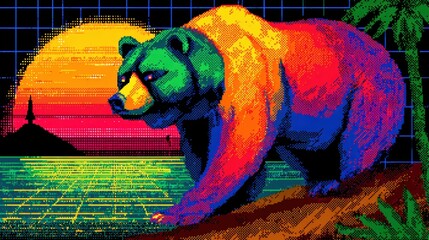 retro california pixel art, modern digital nostalgia meets california bear flag in creative retro pixel arcade art with vivid neon tones, -bit aesthetics and a nostalgic video game look