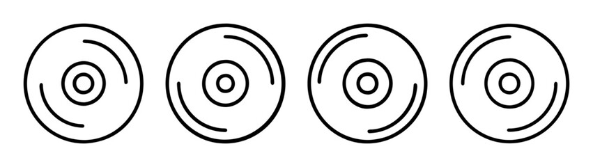 Four black and white line art icons of compact discs arranged in a horizontal row
