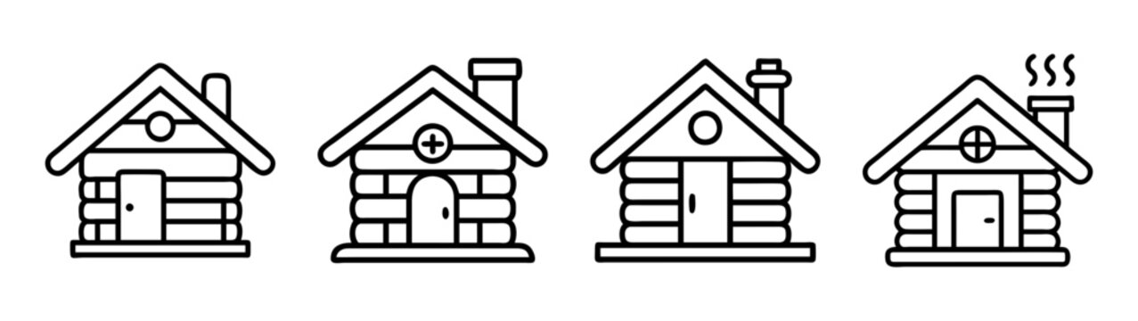 A set of line art log cabin icons representing simple homes and cozy retreats