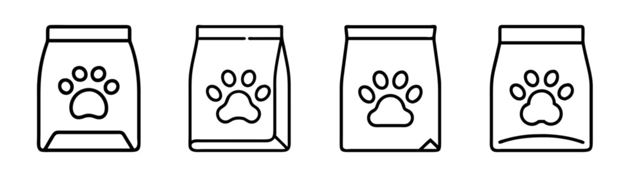Pet food bag icon set showing different angles of feed packaging with paw print symbol