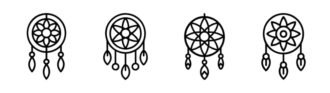 Minimalist dreamcatcher icons set with various web patterns and dangling feather elements