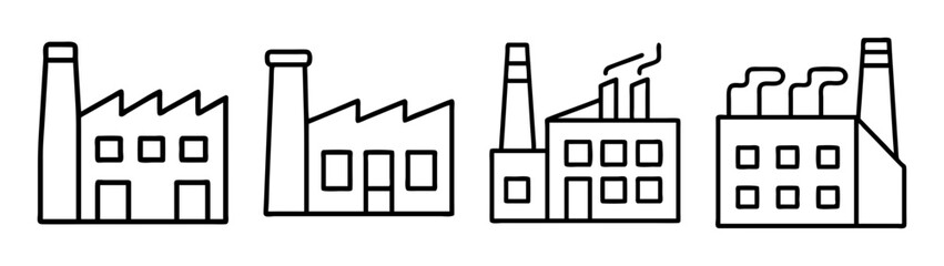 Fototapeta premium Simple black and white line art icons depicting various industrial factory buildings and structures.