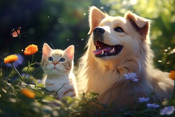 Dog and Cat relaxing in a flower field