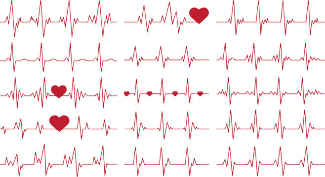 Red heartbeat line collection with heart symbol, cardiology, medical pulse, ECG, EKG design, healthcare clipart vector illustration, health monitoring, digital heartbeat graphics