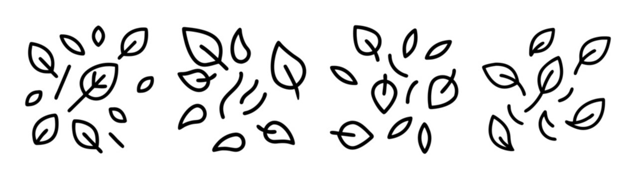 Line art illustration of four different sets of falling leaves icons or graphic elements