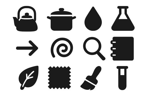 Mordant Icons Collection. Solid style icons of mordants and color fixing: kettle, pot, droplet, flask, arrow, spiral, magnifying