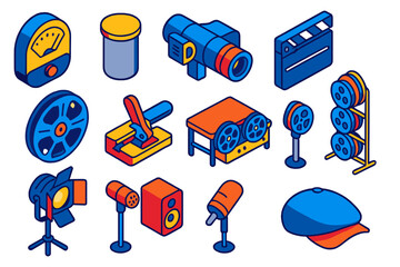 Analog Film Equipment Icons. Isometric vector illustration set Analog Film: analog light meter, aluminum film canister, director’s
