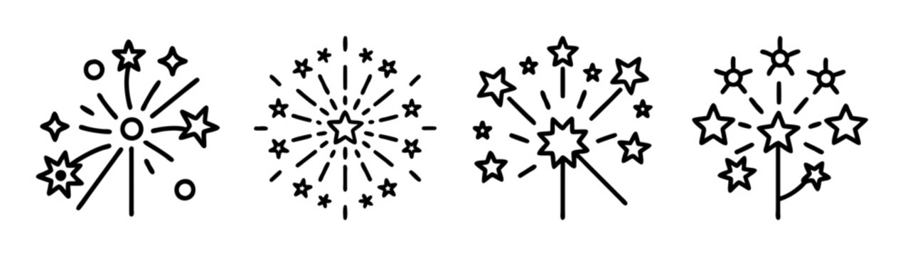 A minimalist collection of four black and white line icons representing fireworks bursts