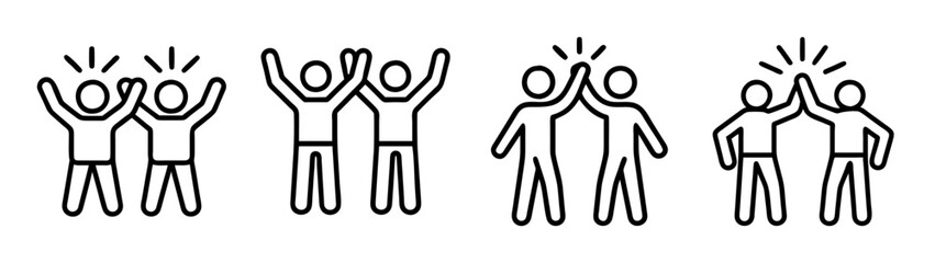 A collection of icons representing teamwork, success, high fives, and joyful celebration between two people.