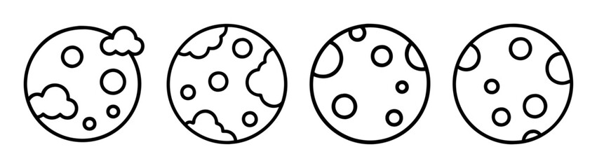 A collection of four black and white line art icons depicting moons with craters and various features © IsratJahan