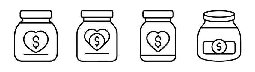 Charity donation and savings jars line art icon set for financial contribution