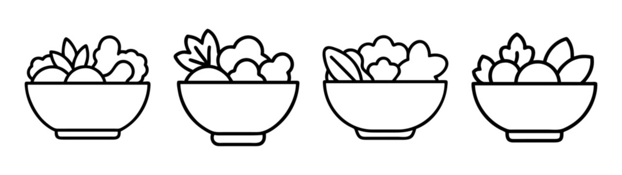 Simple line art icon set featuring four bowls of healthy salad