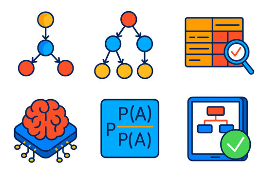 Bayesian Networks Icons. Isometric vector illustration set Bayesian Networks: network nodes with arrows, causal graph, probability
