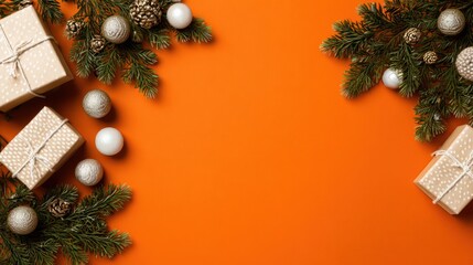 Christmas tree branches with balls and gift boxes on orange background, top view flat lay
