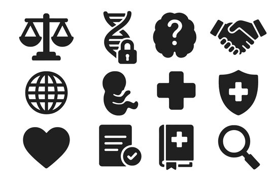 Bioethics Icons Collection. Solid style icons of Bioethics: scales of justice, DNA strand with lock, brain with question mark,