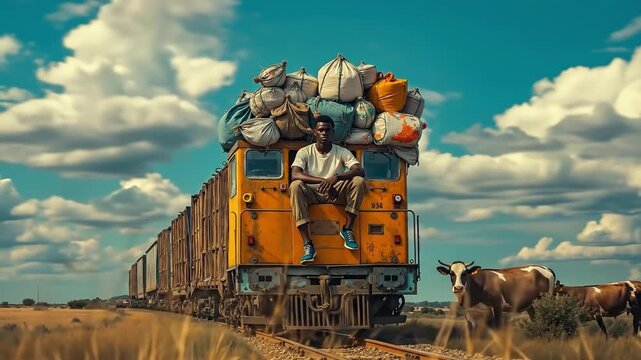 A man sitting on top of a train with bags on the back of it