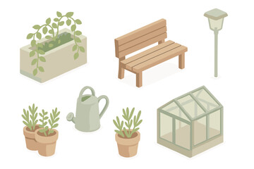 Fototapeta premium Urban Rooftop Garden. Isometric vector illustration set of Urban Rooftop Garden: concrete planters with vines, wooden bench,