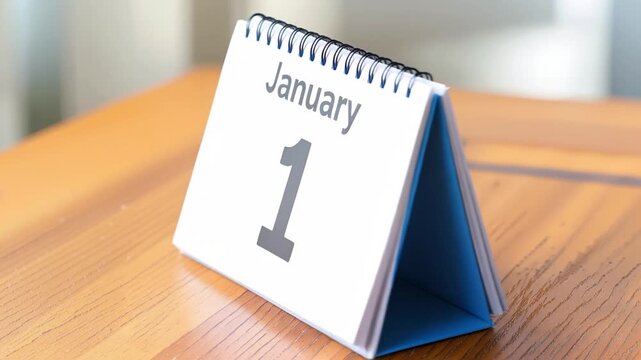 Desk calendar page turning from December 31 to January 1. New Year's Day transition and fresh start.