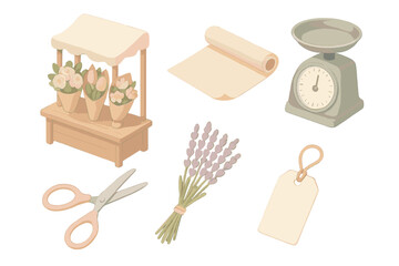 Artisan Floral Workshop. Isometric vector illustration set Artisan Floral Workshop: small bouquet stand, wrapping paper, scissors,